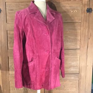 VINTAGE DIALOGUE bright pink leather suede coat with lapel fully lined sz L